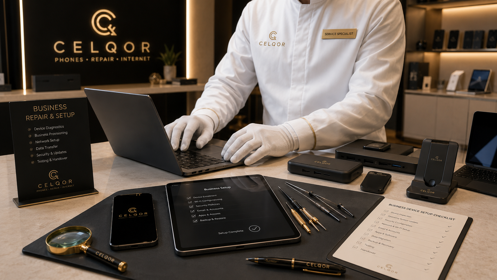 CELQOR business repair and device setup specialist workspace