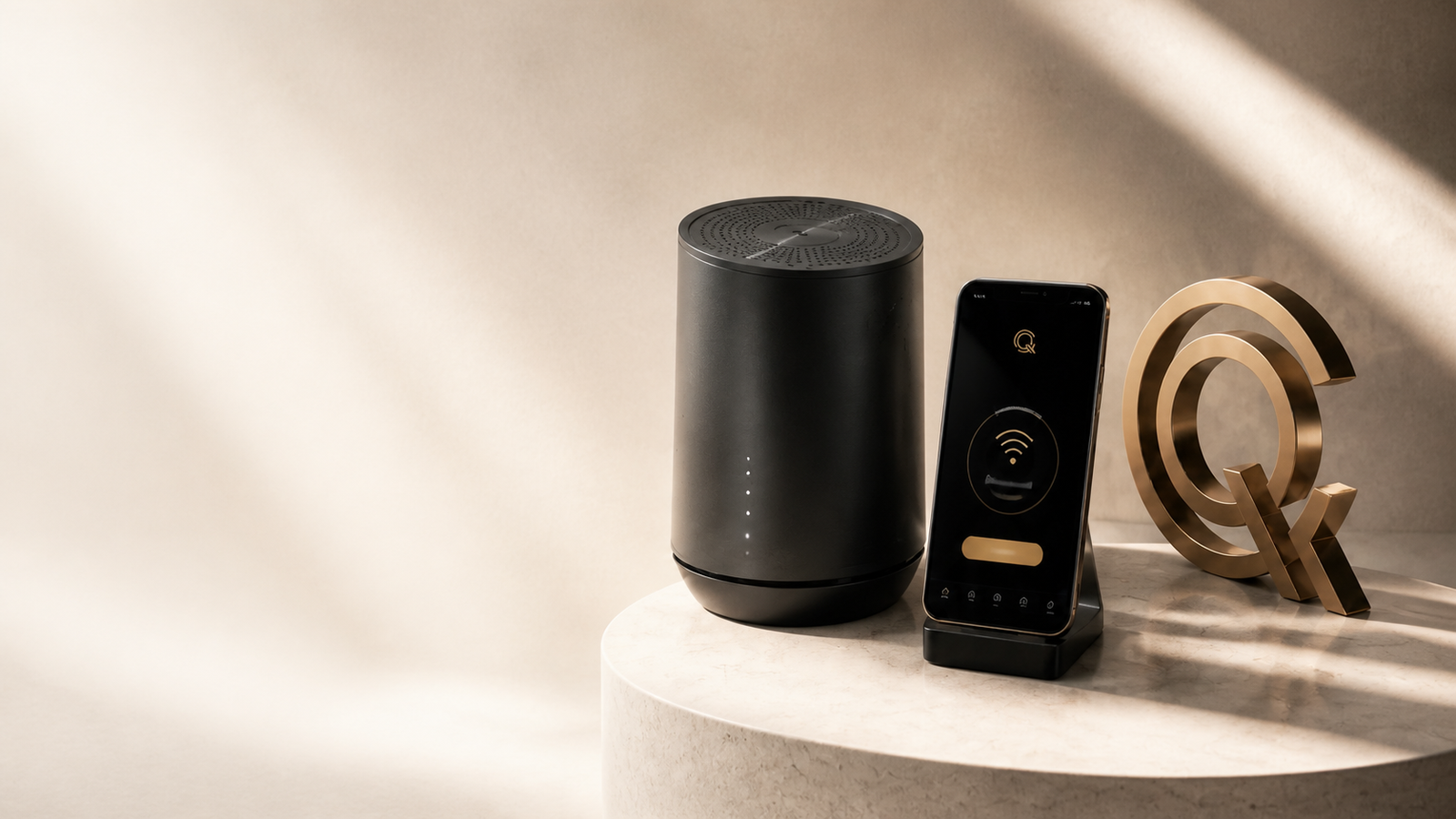Premium CELQOR connectivity with a router, smartphone and golden CQ emblem