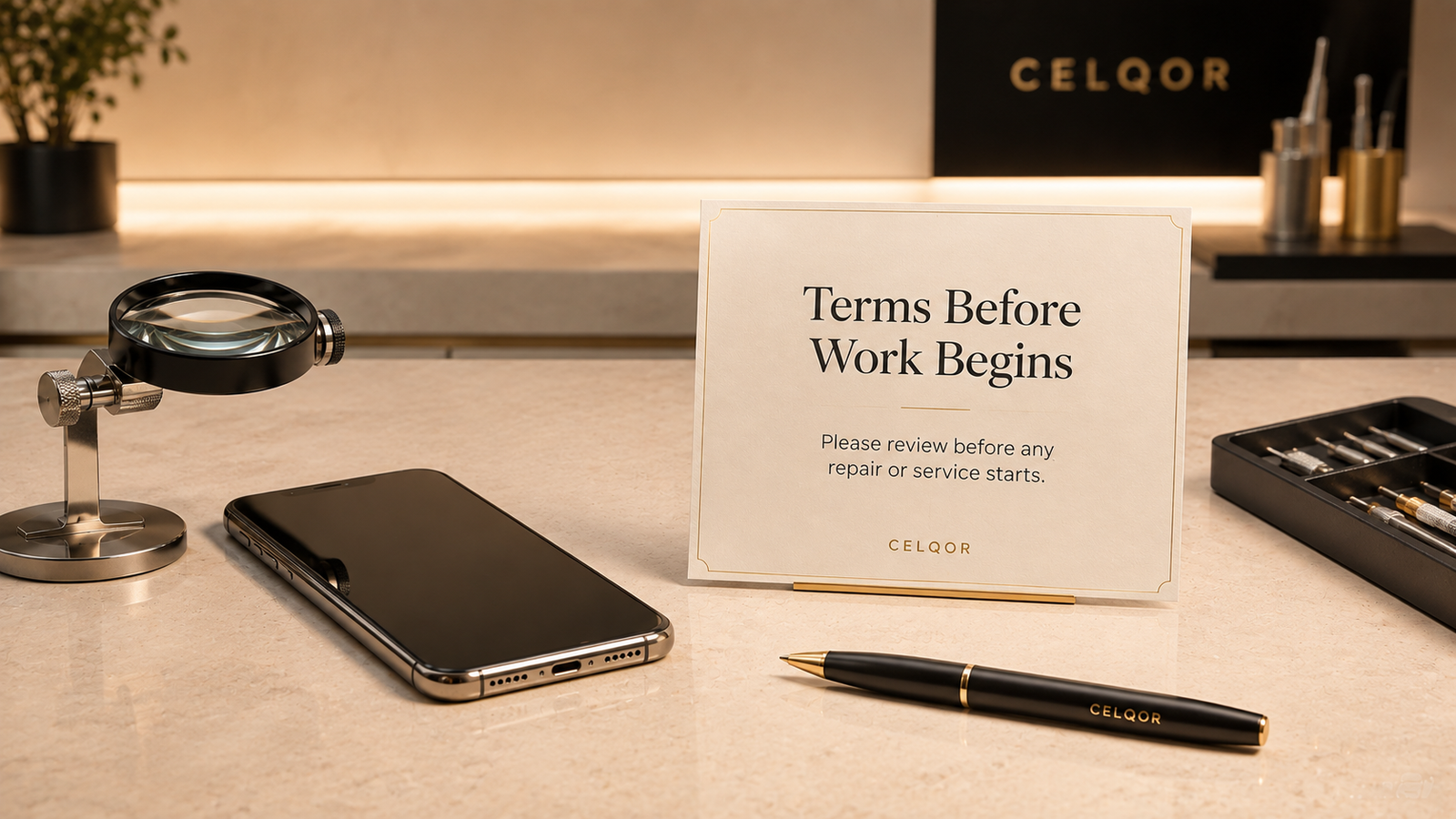 CELQOR Terms Before Work Begins approval display with a device and inspection tools